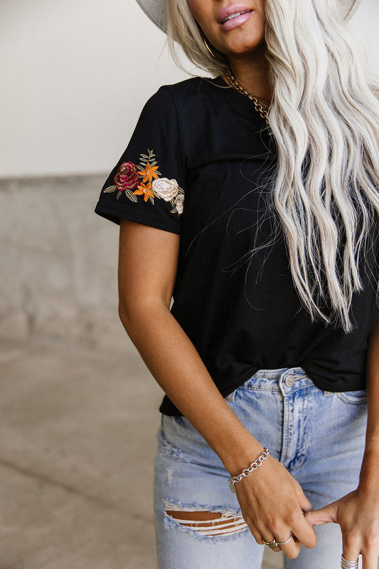 Casual Floral Embroidered Round Neck T Shirt