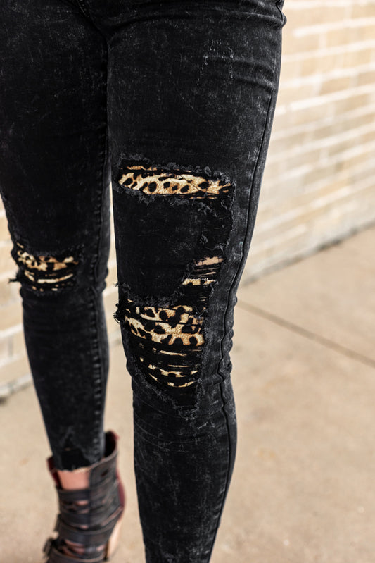 Leopard Patchwork Western Distressed Skinny Jeans